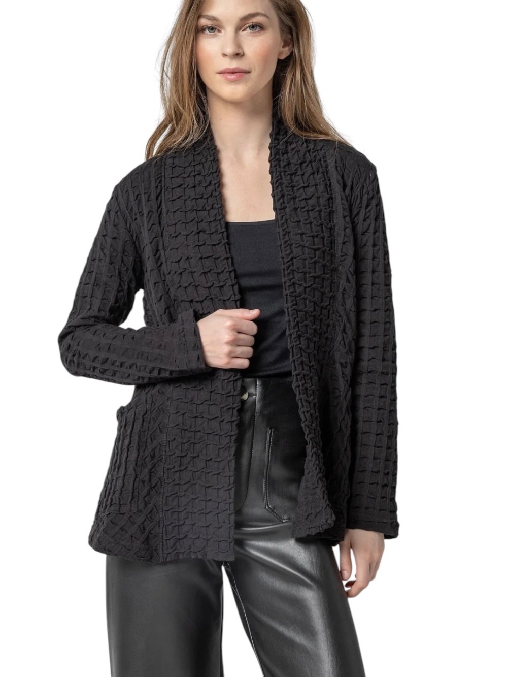 Komil Black 100% Cotton Textured/Waffle Open-Front Cardigan w/ Shawl Collar - L